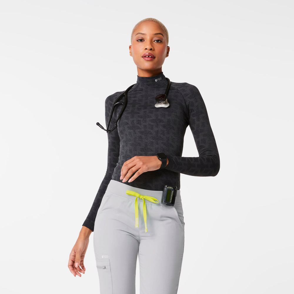 women's Dark Charcoal Salta Logo Mock Neck - Seamless Underscrub