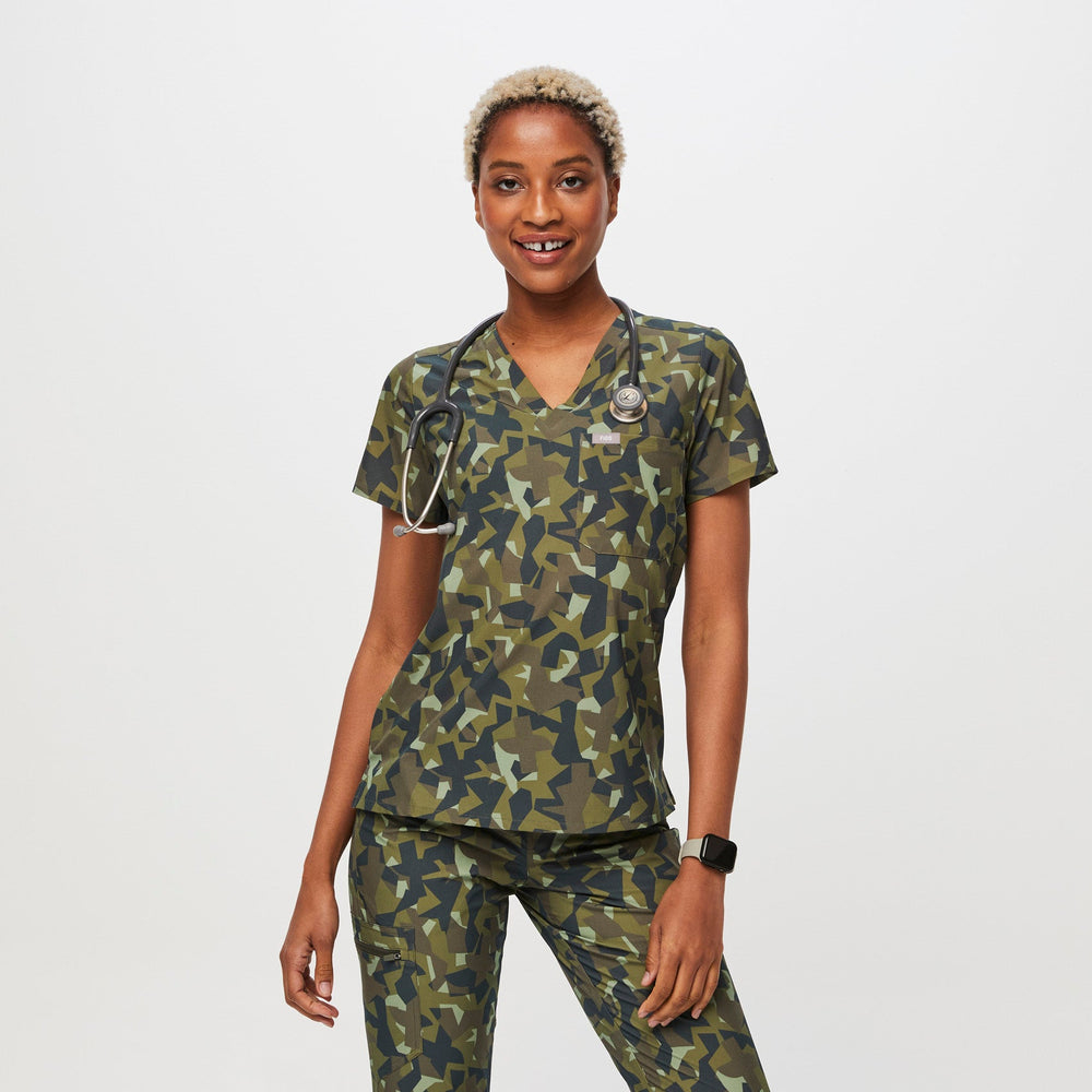 women's Camo Martini Olive Catarina™ FREEx™ - One-Pocket Scrub Top