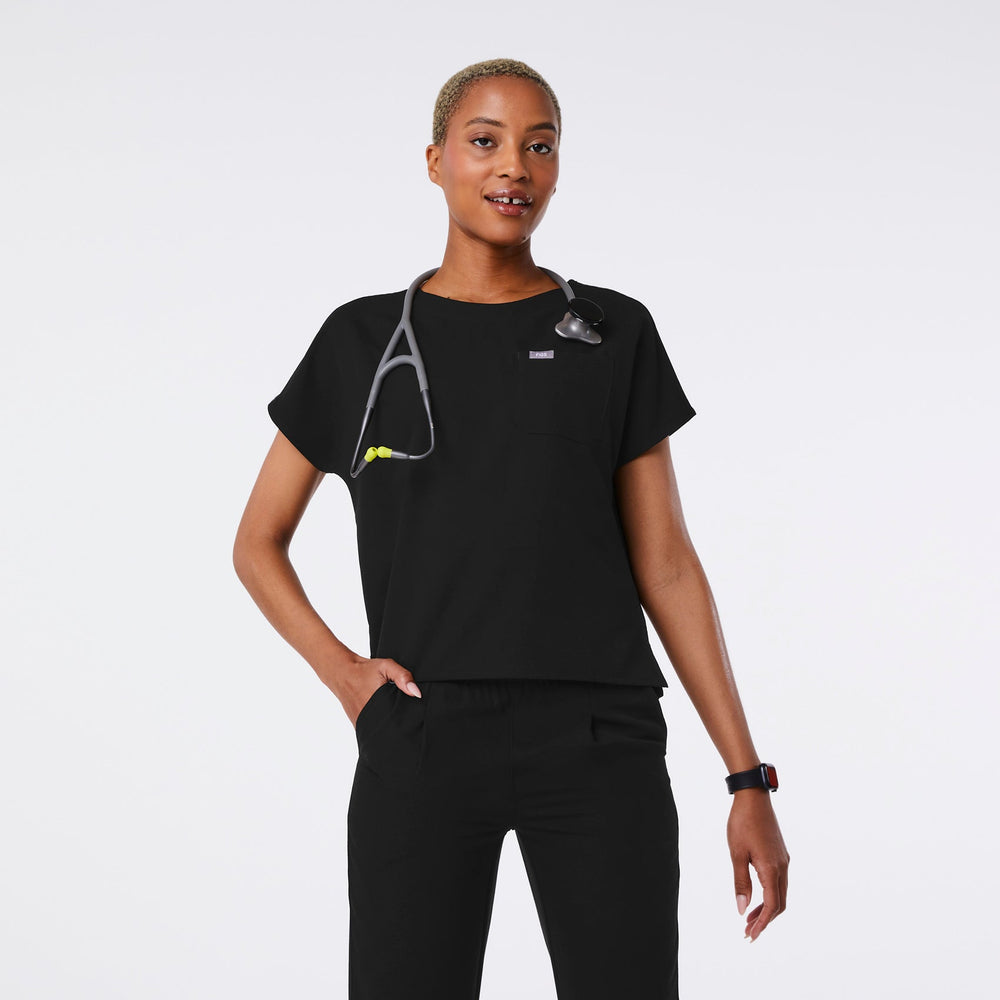 women's Black Arua Boxy Scoop Neck - Scrub Top