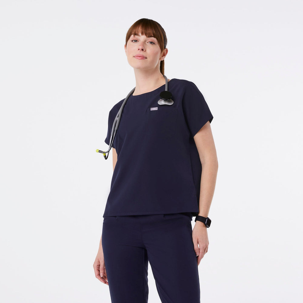 women's Navy Arua Boxy Scoop Neck - Scrub Top