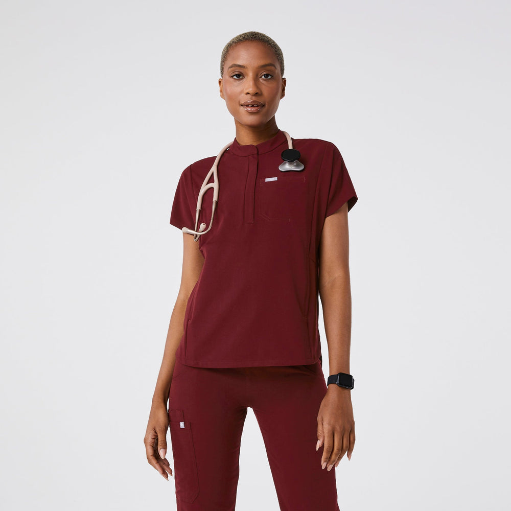 women's Burgundy Montex - Mock Neck Scrub Top