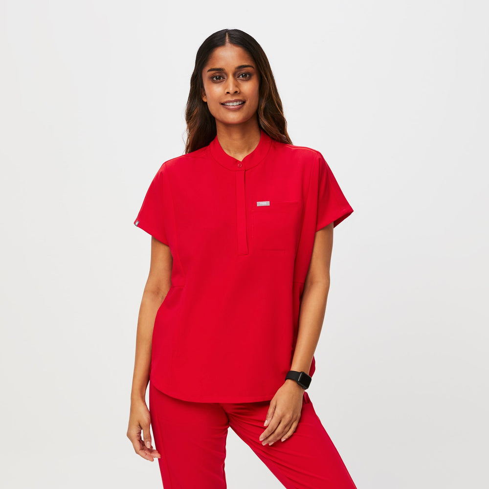 women's Pop Red Montex - Classic Mock Neck Scrub Top