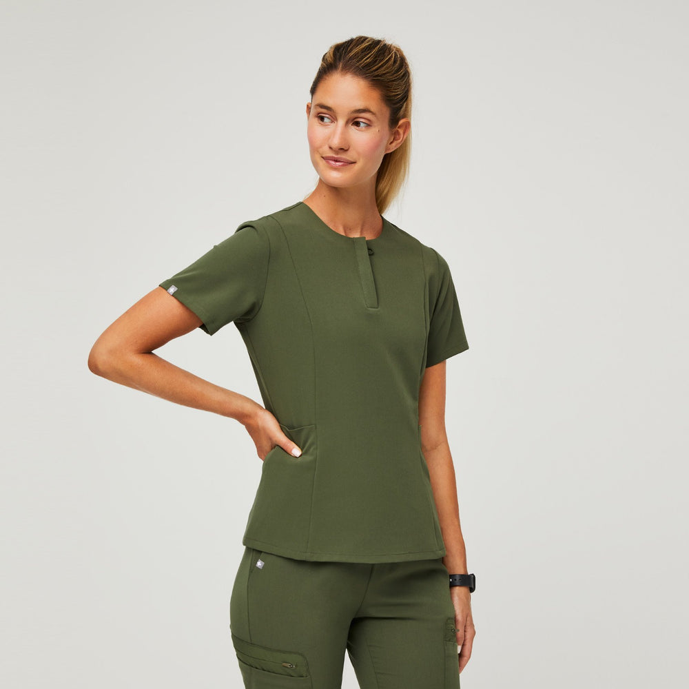 women's Dark Olive Bristol - Slim Henley Scrub Top