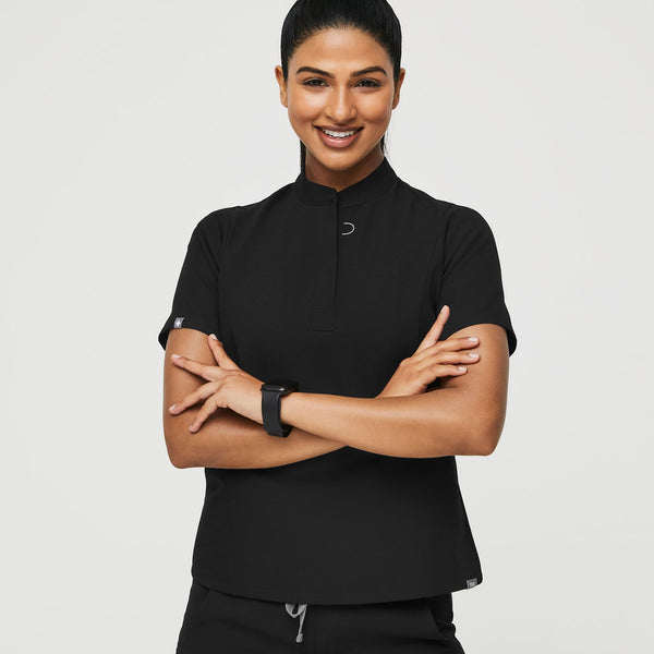 women's Black Insiza - Slim Mandarin Collar Scrub Top