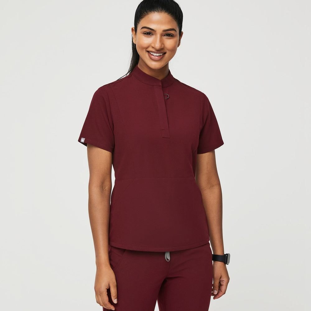 women's Burgundy Insiza - Slim Mandarin Collar Scrub Top