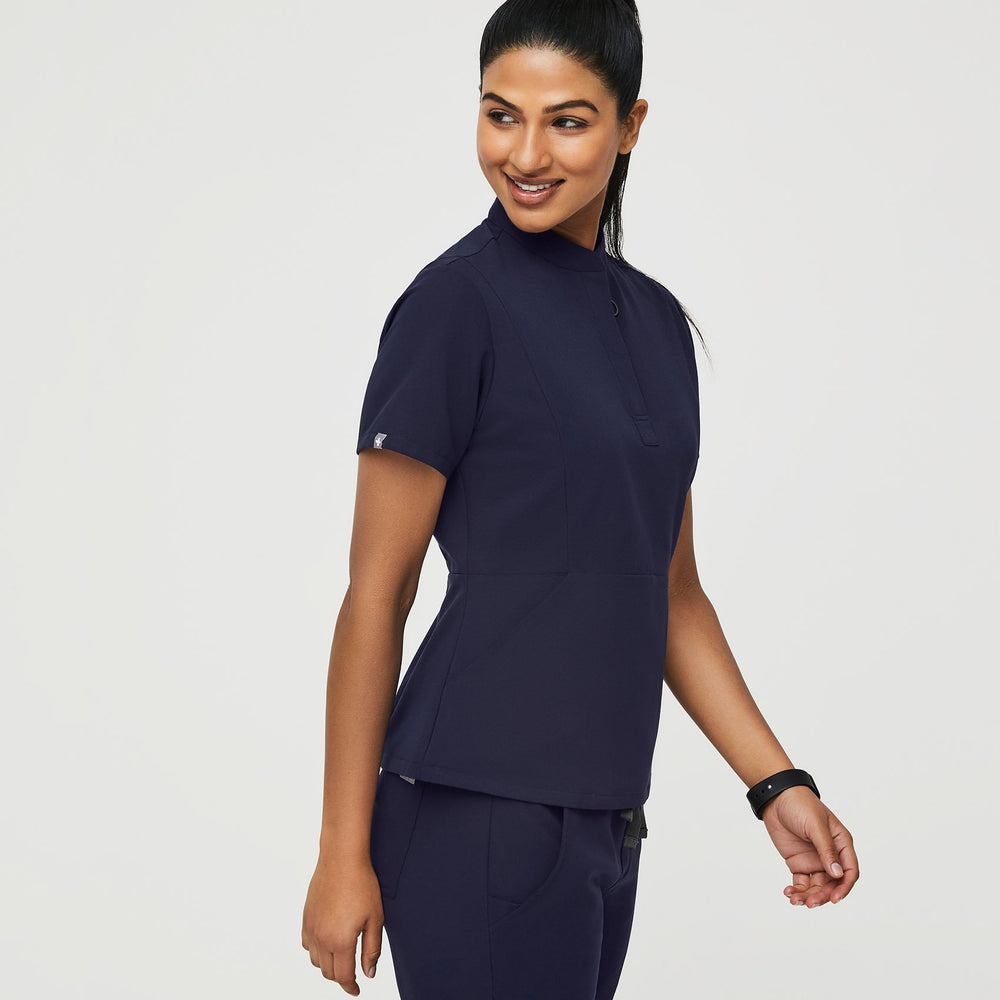 women's Navy Insiza - Slim Mandarin Collar Scrub Top