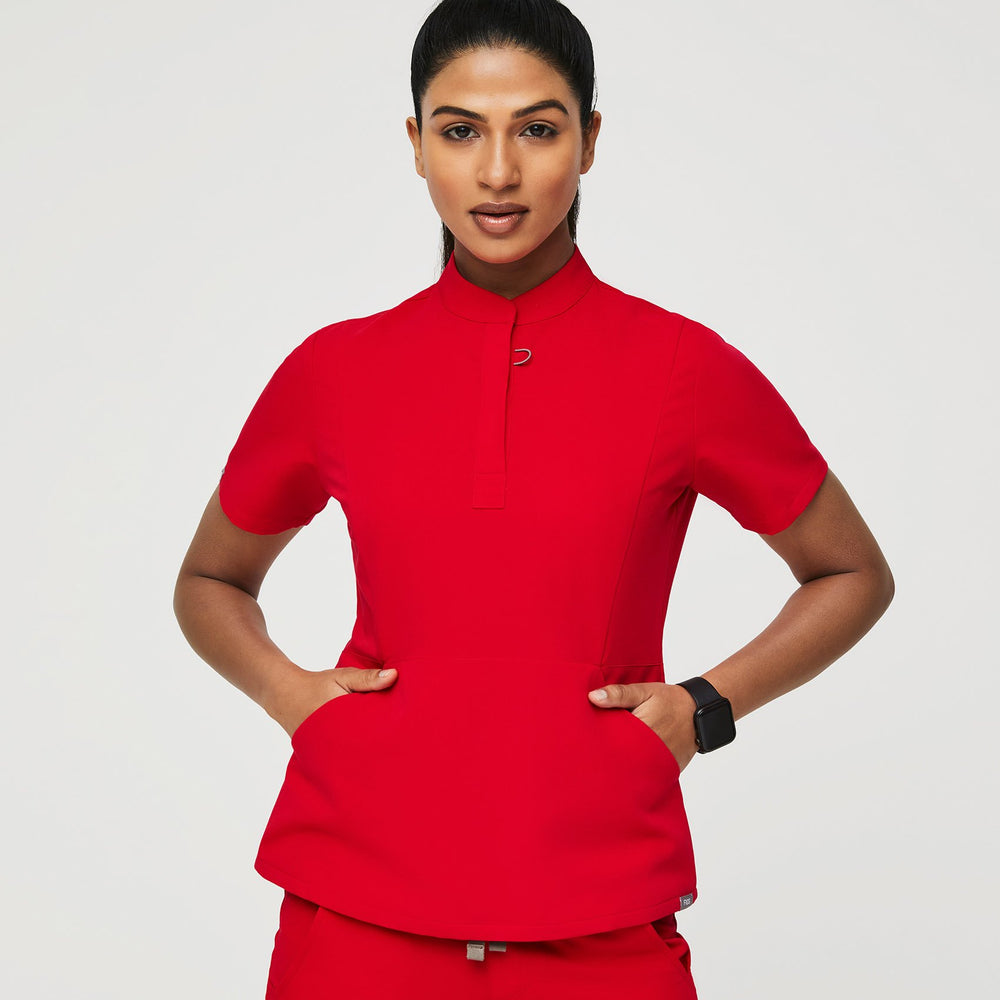 women's Pop Red Insiza - Slim Mandarin Collar Scrub Top