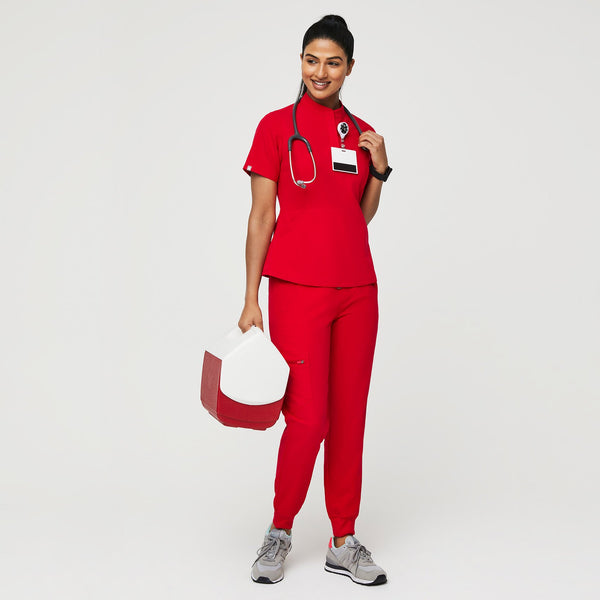 women's Pop Red Insiza - Slim Mandarin Collar Scrub Top