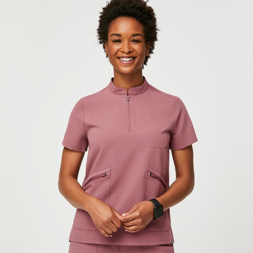 women's Mauve Nata - Zip Henley Scrub Top