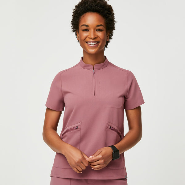 women's Mauve Nata - Zip Henley Scrub Top