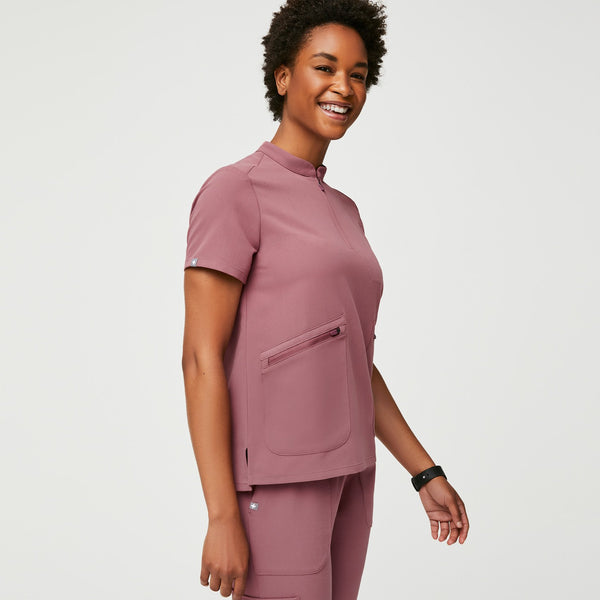 women's Mauve Nata - Zip Henley Scrub Top