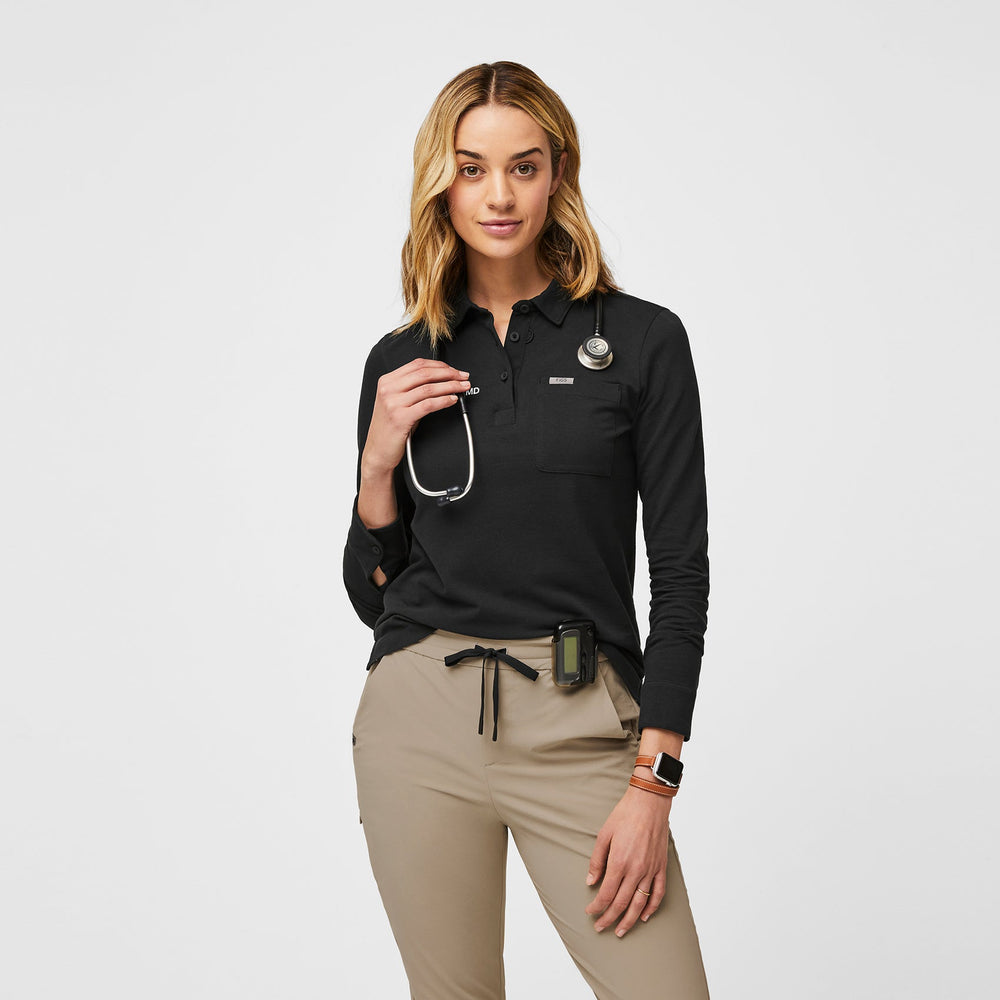 women's Black FIGSPRO™ Pique Longsleeve Polo