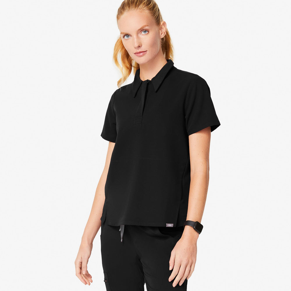 women's Black Igava - Shortsleeve Polo Scrub Top