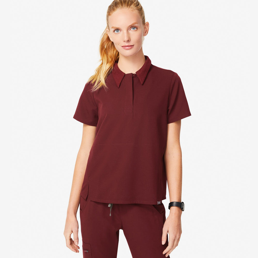 women's Burgundy Igava - Shortsleeve Polo Scrub Top