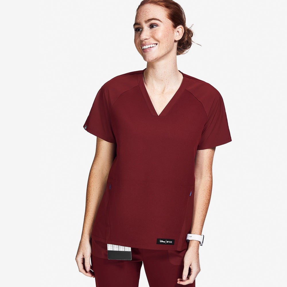 women's Burgundy Mickey Mouse - V-Neck Scrub Top